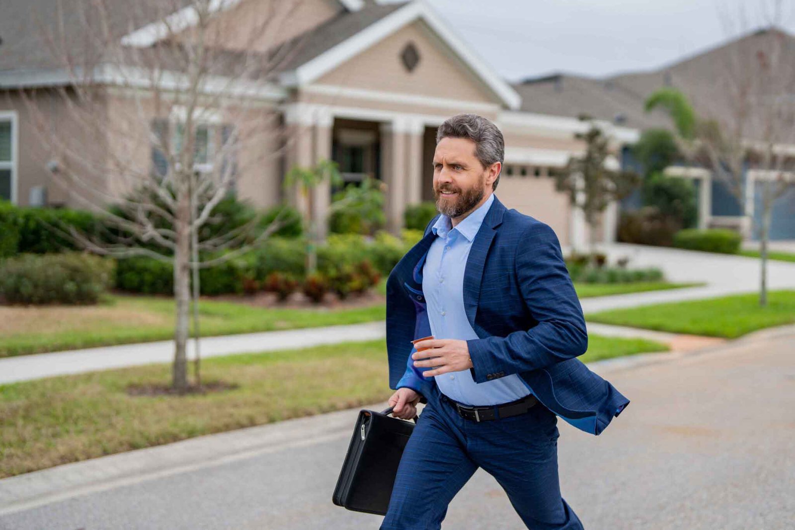 Man running to work and choosing Jiggle for energy boost instead of coffee