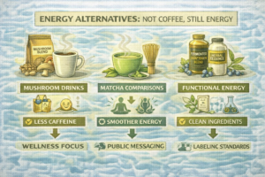 Energy alternatives — Mushroom Drinks, Matcha Comparisons, and the Expanding “Not Coffee, Still Energy” Set